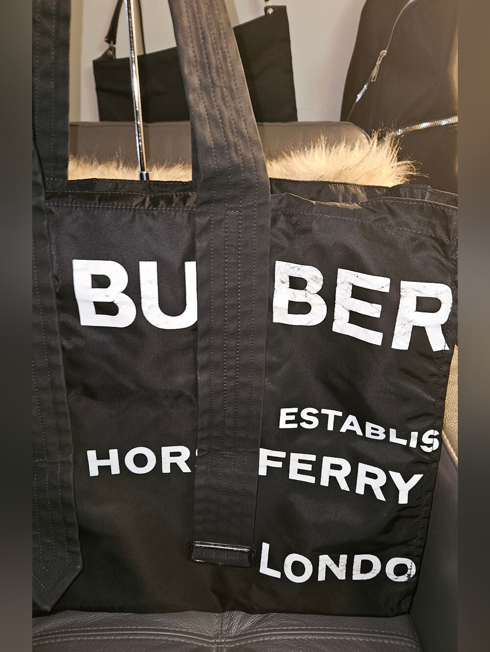 Burberry XL Black Nylon Tote with White Logo Text - Picture 5 of 9